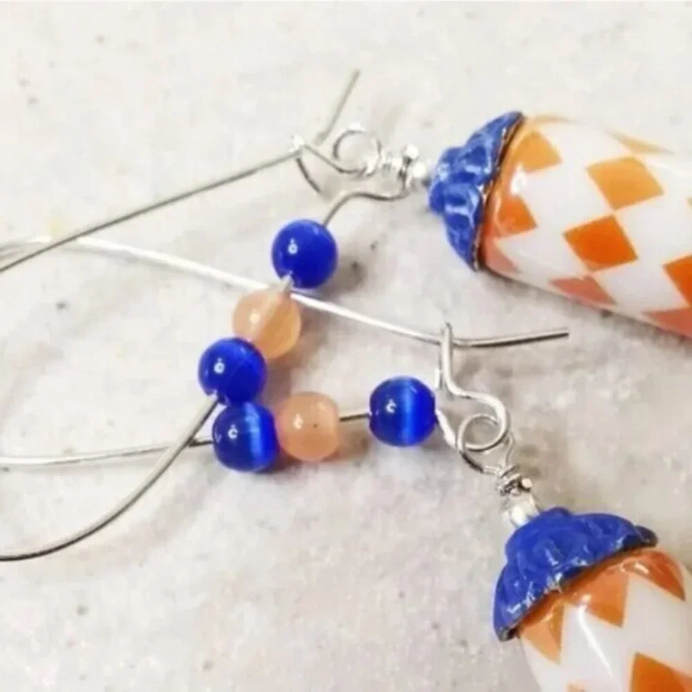 Apricot & Blue Harlequin Earrings • Spunky Summer Vibes • Happy Spring Energy